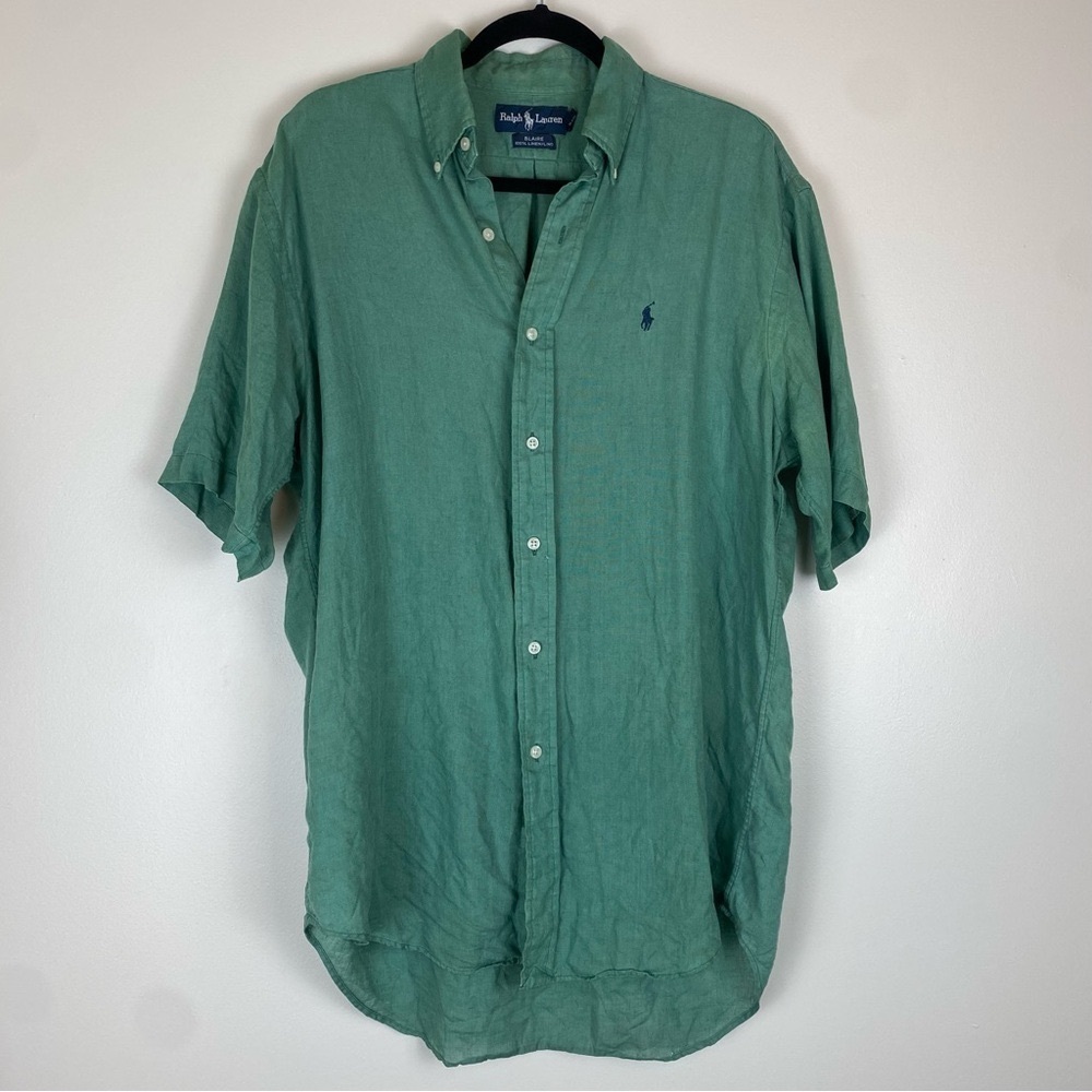 Vintage Ralph Lauren Men Blaire Linen Green Button Down Shirt size Small
